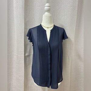 Forever 21 Women’s Navy Blue Sheer Pleated Pintuck Blouse with Flutter Sleeves